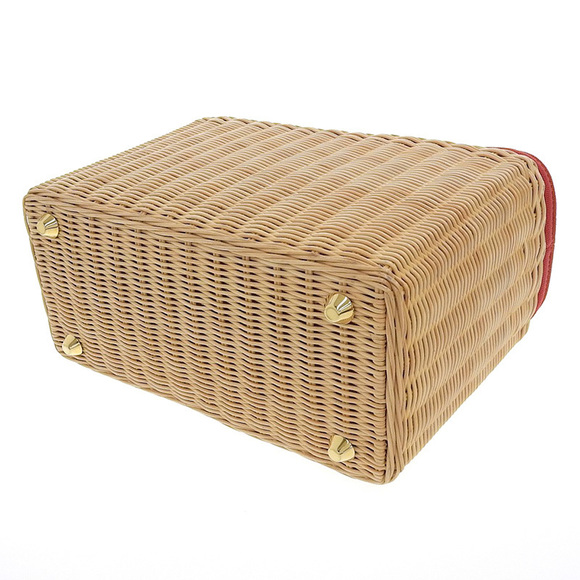 Prada Wicker Straw Canvas Leather Handbag Beige Red - Picture 3 of 7